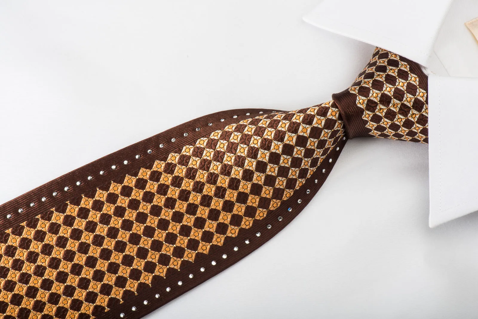 Perry Ellis Rhinestone Silk Necktie Okra Checkered On Brown With Gold Sparkles