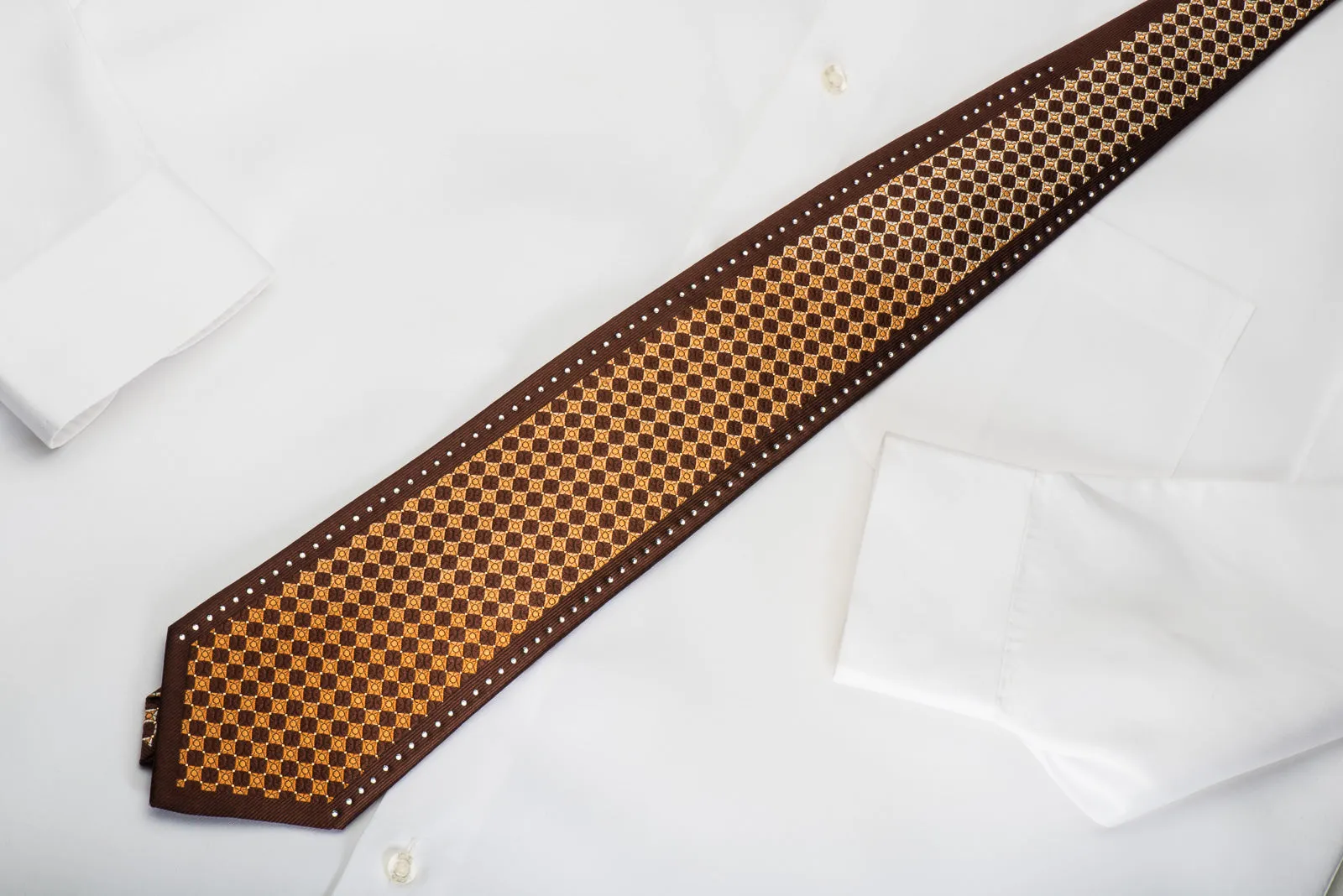 Perry Ellis Rhinestone Silk Necktie Okra Checkered On Brown With Gold Sparkles