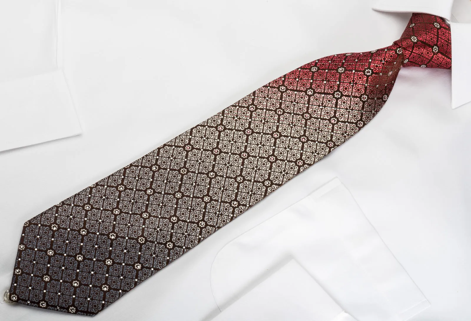 Perry Ellis Silk Tie Cartouche On Burgundy Sparkling With Rhinestones