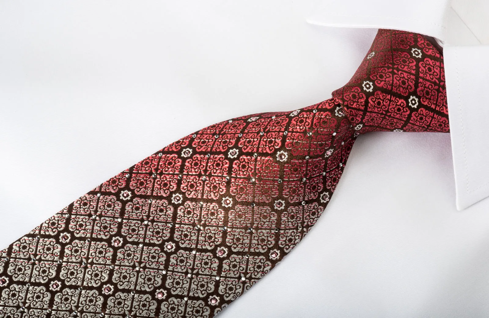 Perry Ellis Silk Tie Cartouche On Burgundy Sparkling With Rhinestones