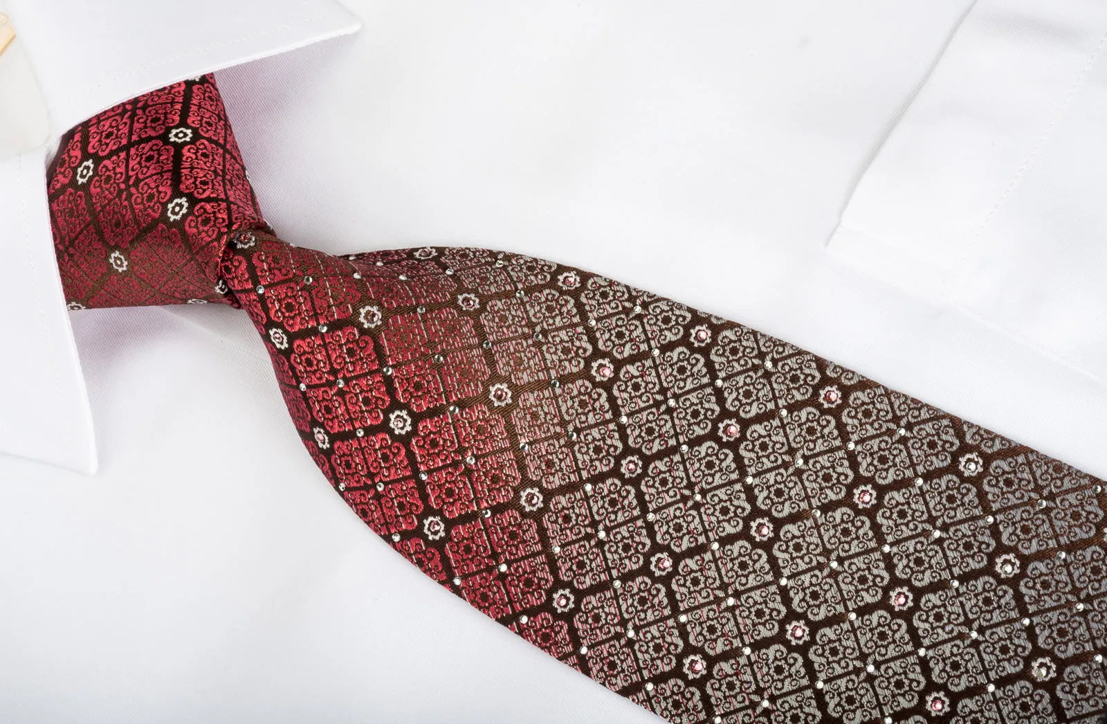 Perry Ellis Silk Tie Cartouche On Burgundy Sparkling With Rhinestones