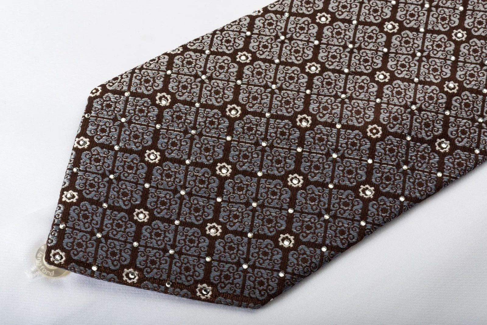 Perry Ellis Silk Tie Cartouche On Burgundy Sparkling With Rhinestones