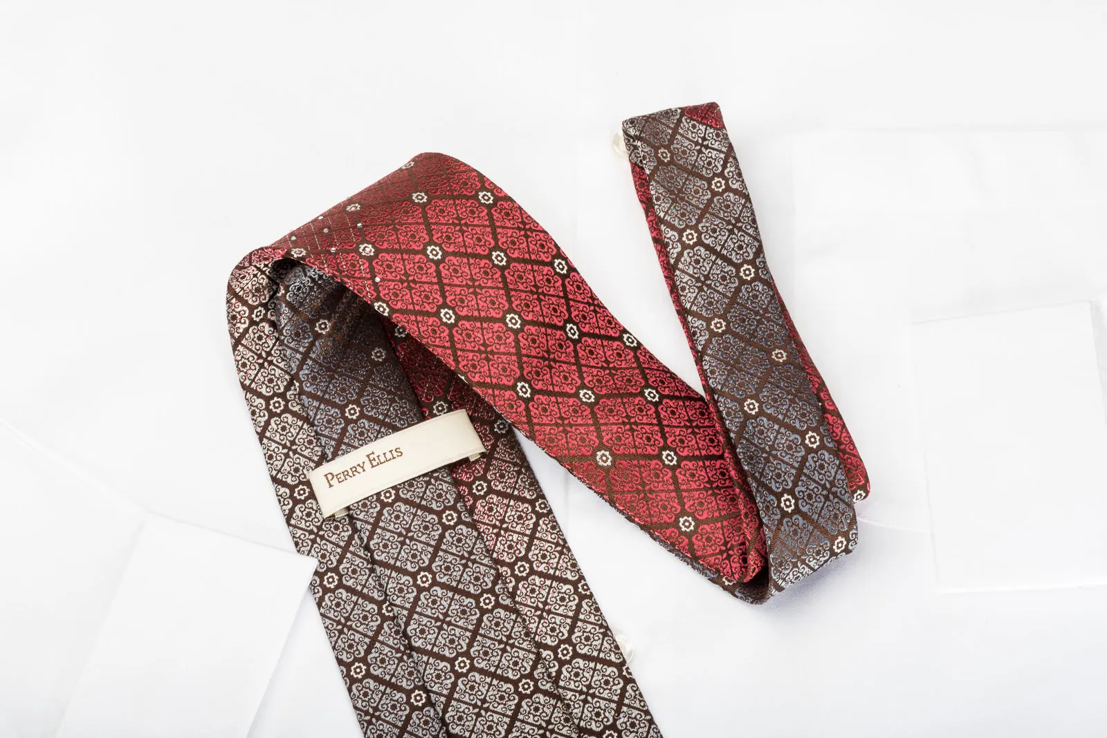 Perry Ellis Silk Tie Cartouche On Burgundy Sparkling With Rhinestones