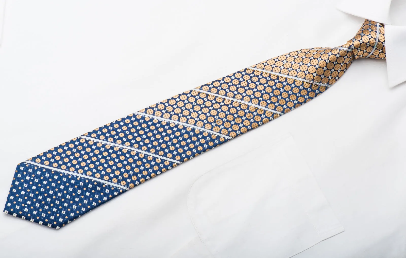 Pierre Cardin Men's Rhinestone Tie Golden Dots On Blue Silk With Sparkles