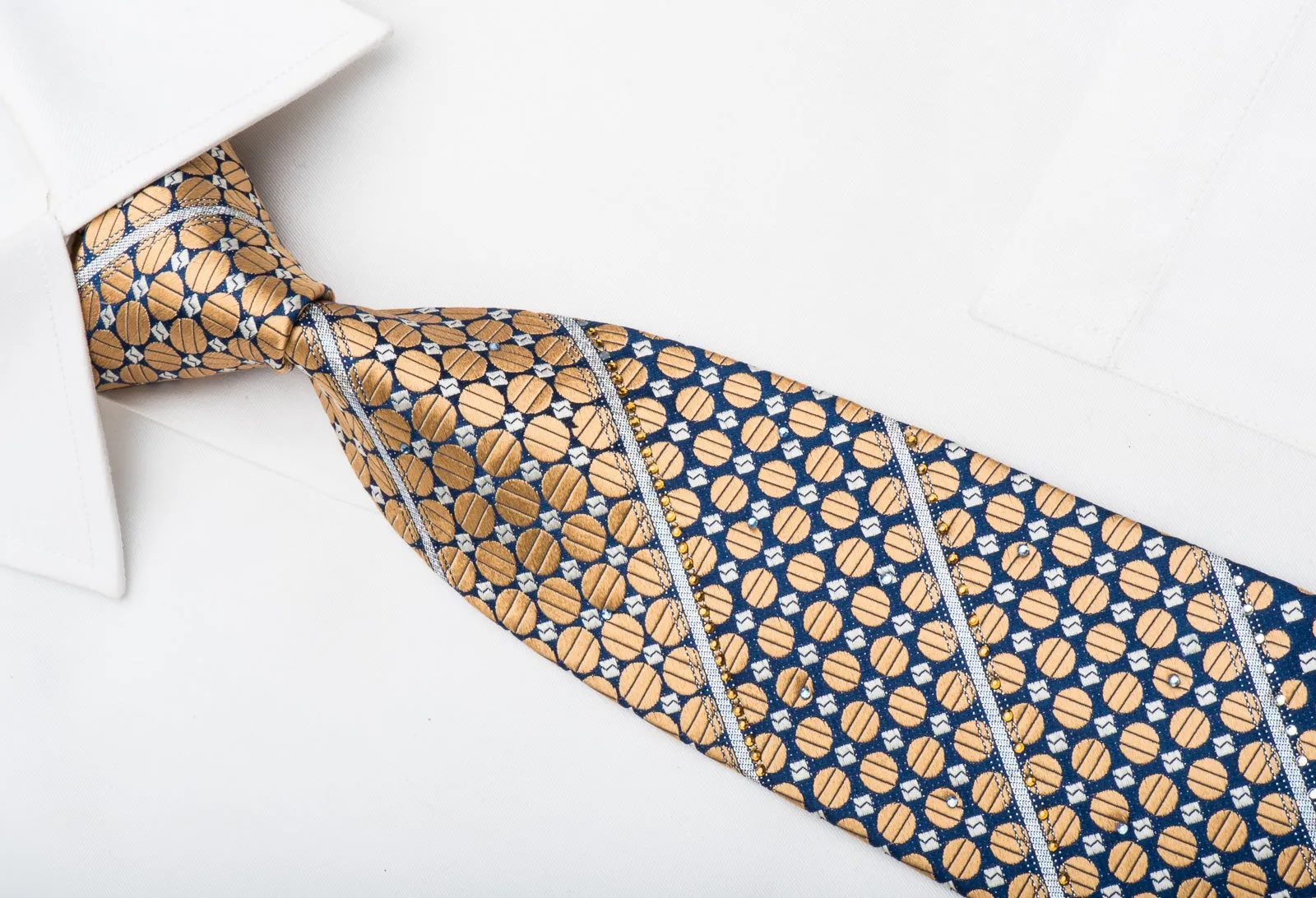 Pierre Cardin Men's Rhinestone Tie Golden Dots On Blue Silk With Sparkles