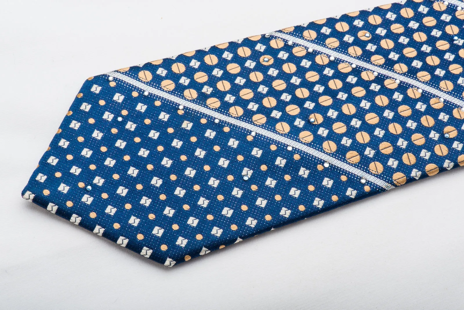 Pierre Cardin Men's Rhinestone Tie Golden Dots On Blue Silk With Sparkles