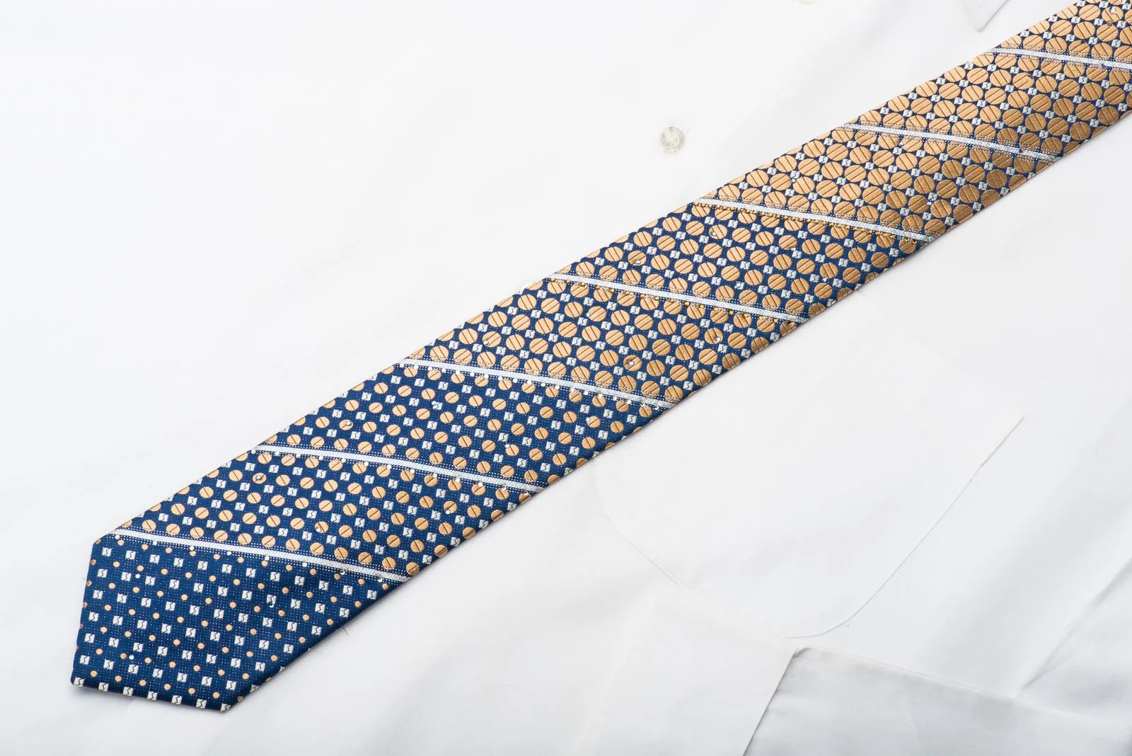 Pierre Cardin Men's Rhinestone Tie Golden Dots On Blue Silk With Sparkles