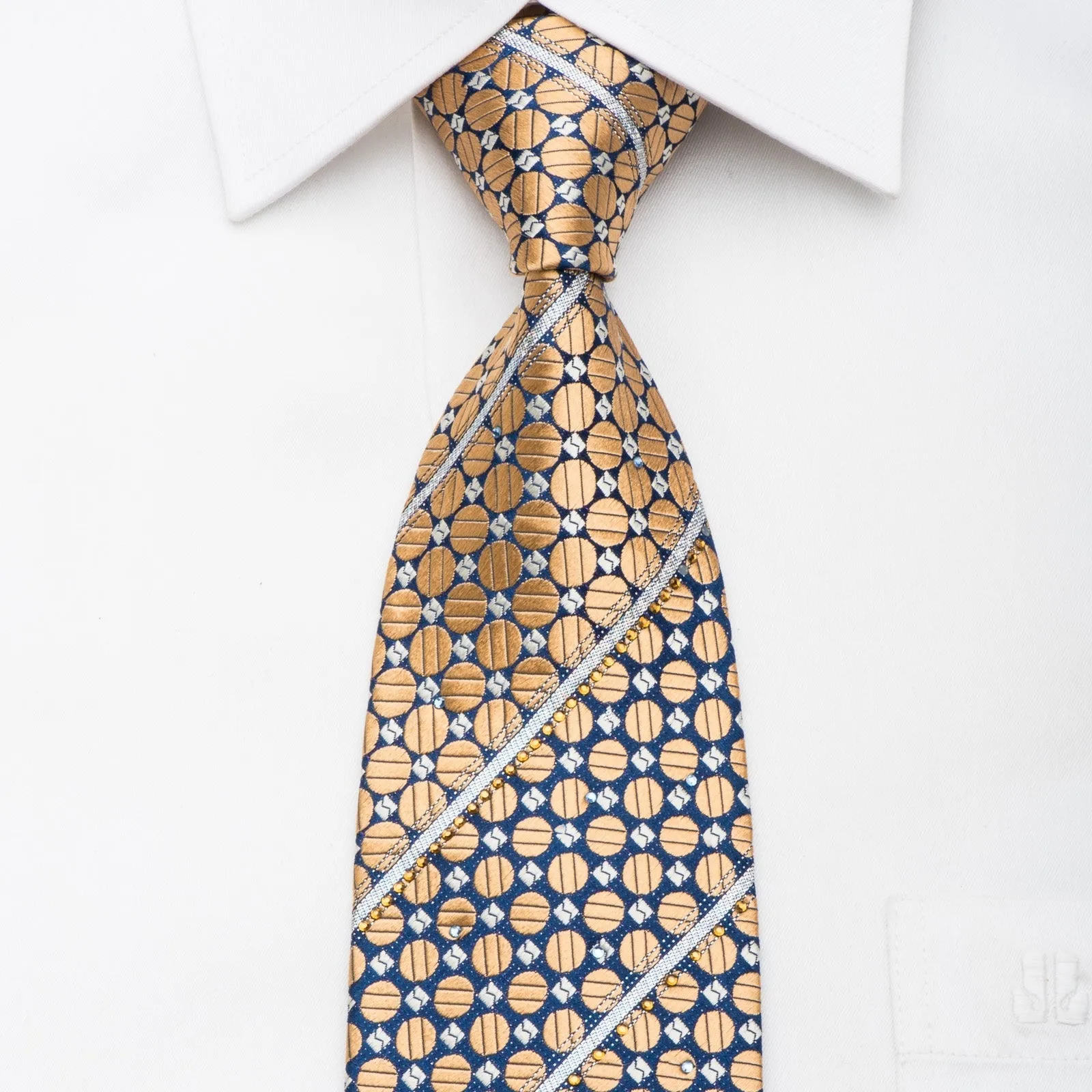 Pierre Cardin Men's Rhinestone Tie Golden Dots On Blue Silk With Sparkles