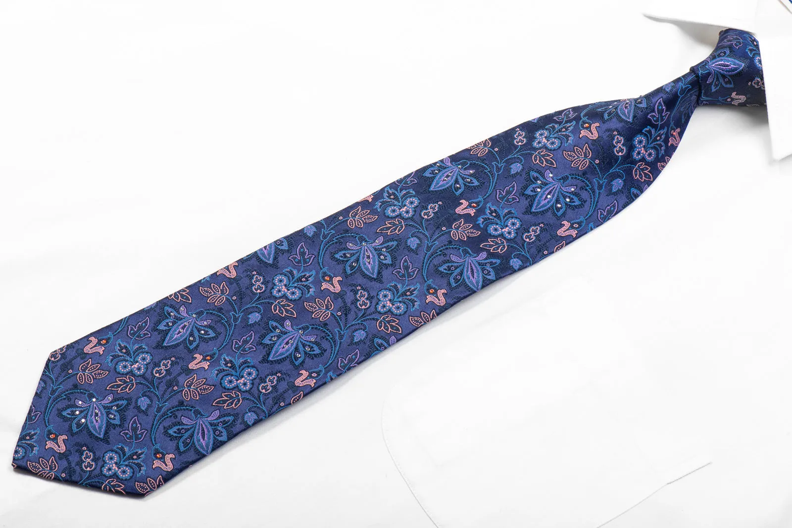Pierre Cardin Rhinestone Necktie Anthemion Floral On Blue Silk
