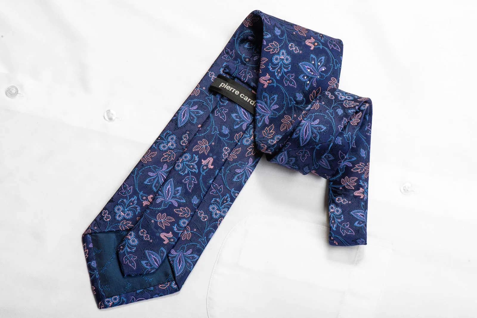 Pierre Cardin Rhinestone Necktie Anthemion Floral On Blue Silk