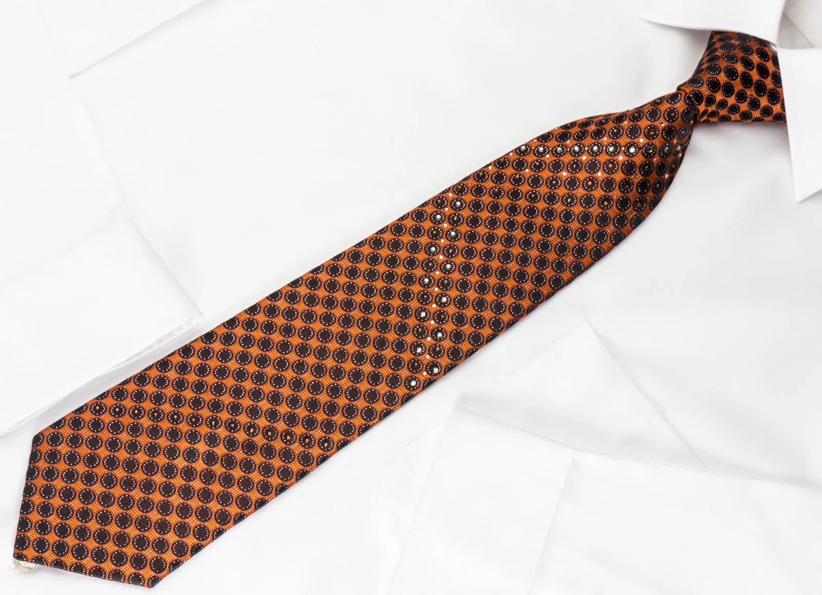 Pierre Cardin Rhinestone Silk Necktie Black Dots On Orange With Silver Sparkles