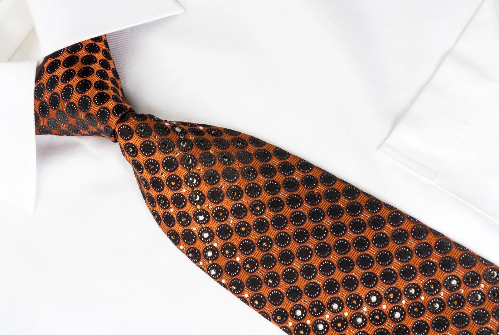 Pierre Cardin Rhinestone Silk Necktie Black Dots On Orange With Silver Sparkles