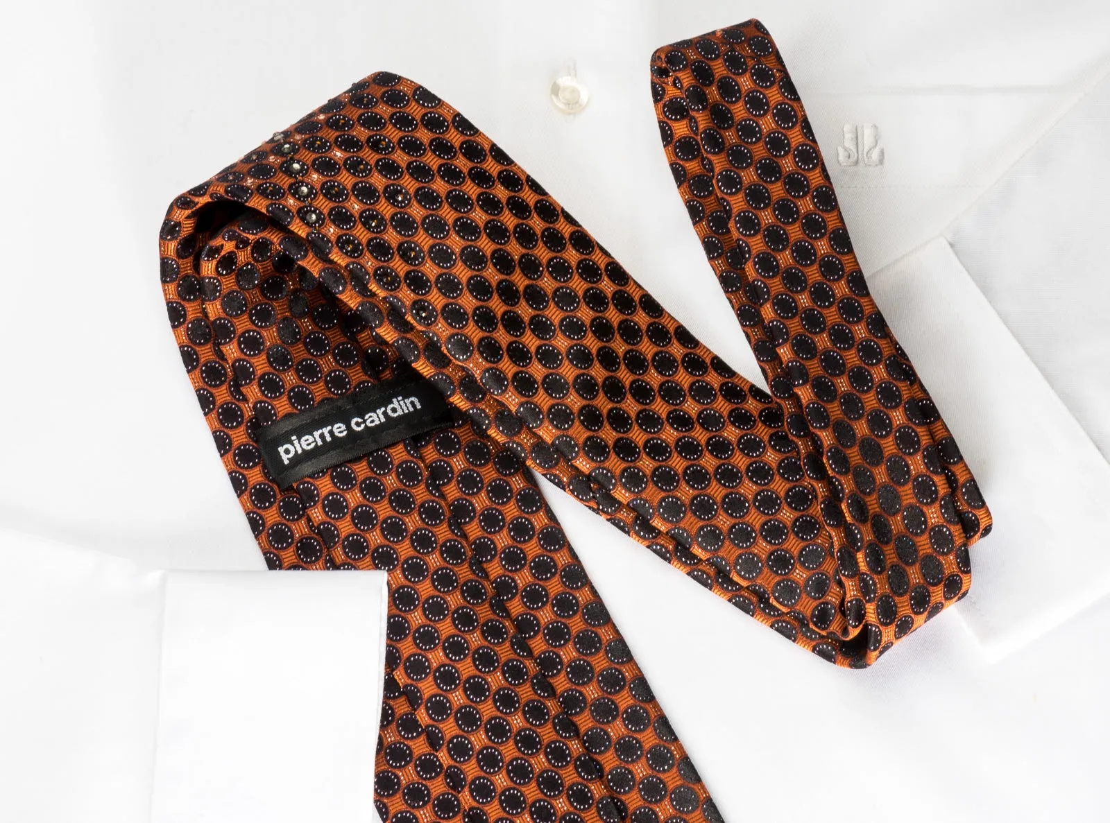 Pierre Cardin Rhinestone Silk Necktie Black Dots On Orange With Silver Sparkles