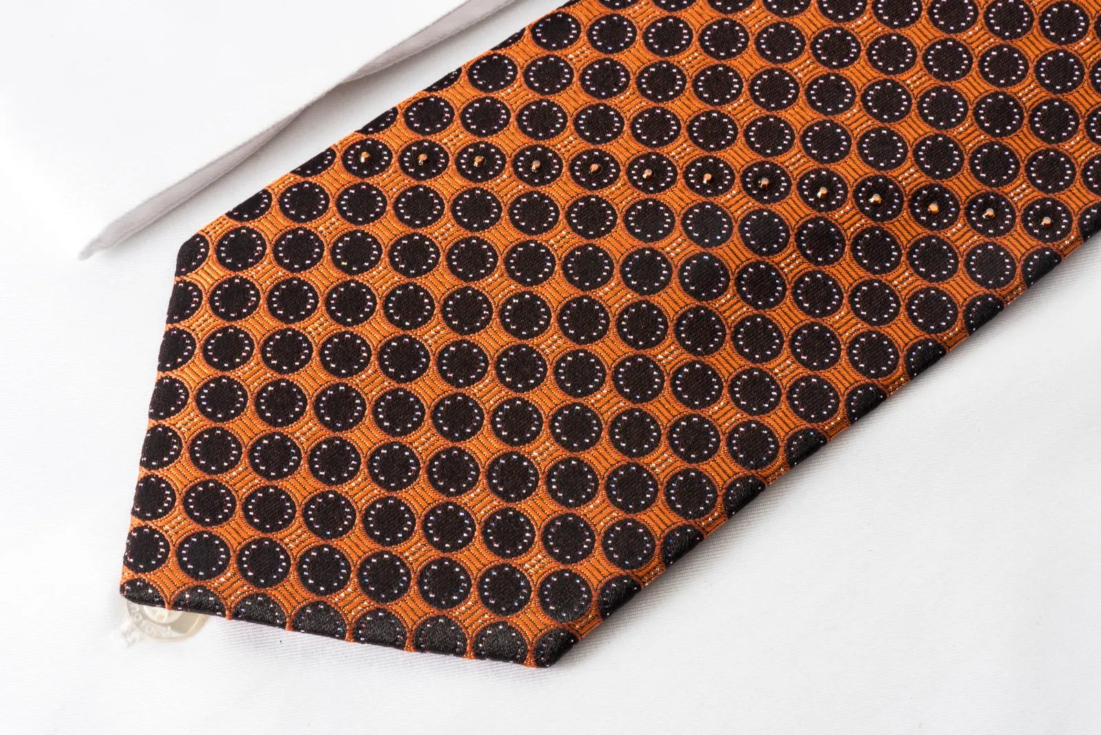 Pierre Cardin Rhinestone Silk Necktie Black Dots On Orange With Silver Sparkles
