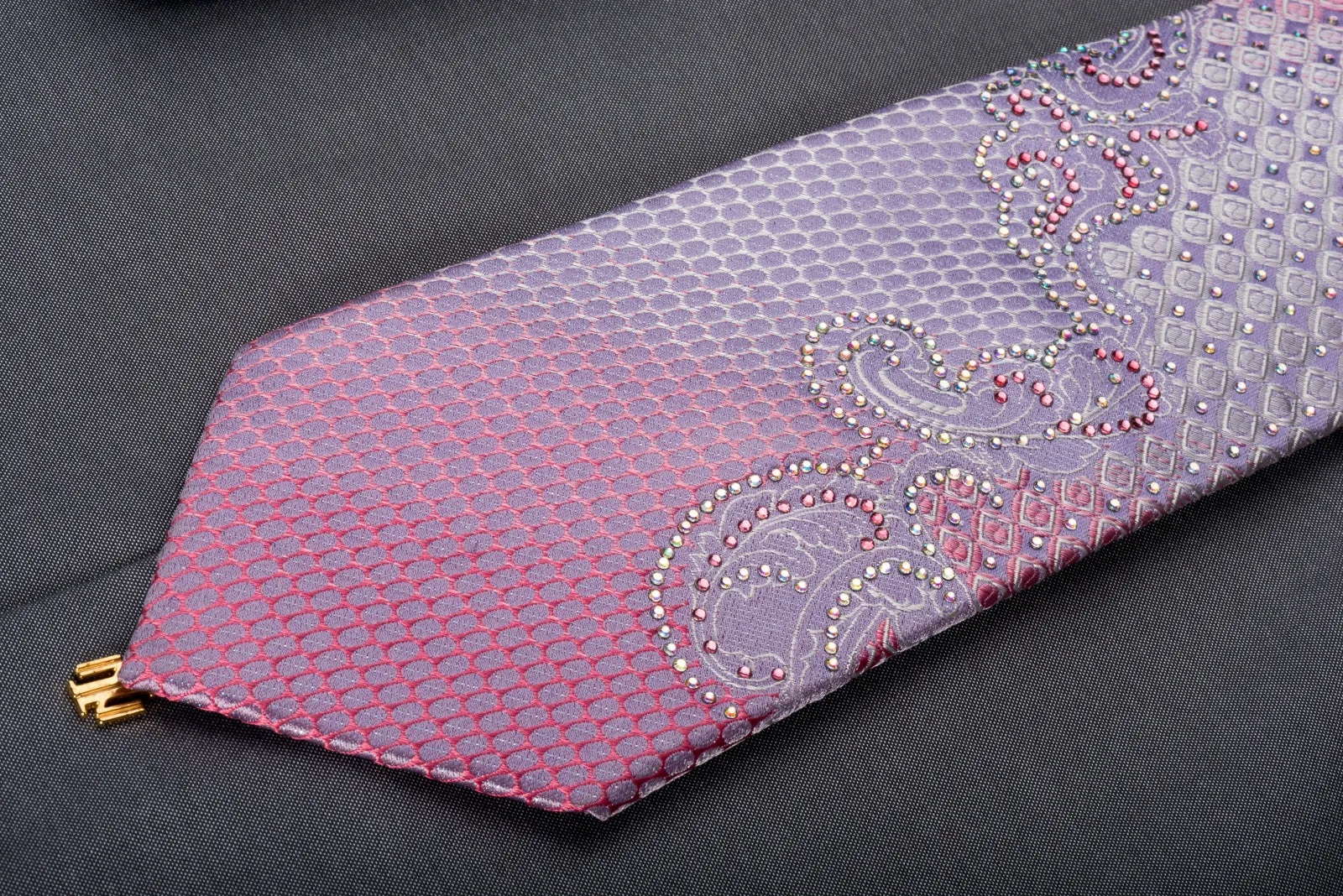 Premierlux Rhinestone Silk Necktie Pink Dots & Anthemion On Mauve With Silver Sparkles