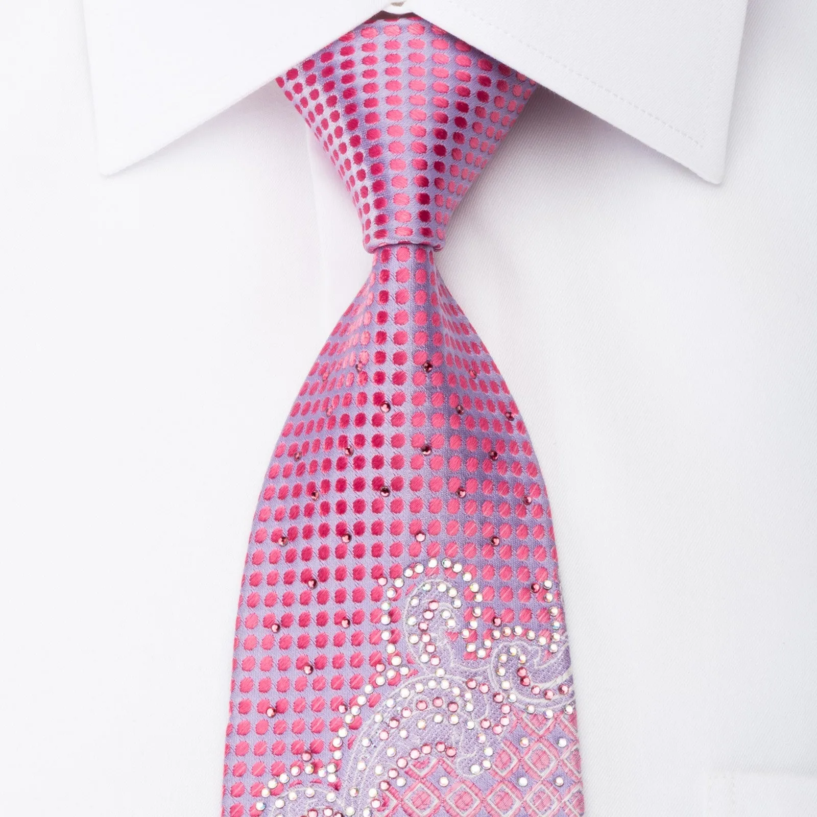 Premierlux Rhinestone Silk Necktie Pink Dots & Anthemion On Mauve With Silver Sparkles