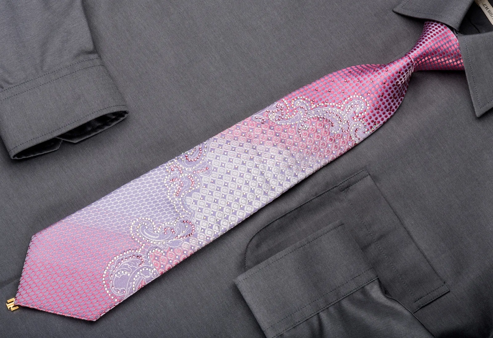 Premierlux Rhinestone Silk Necktie Pink Dots & Anthemion On Mauve With Silver Sparkles