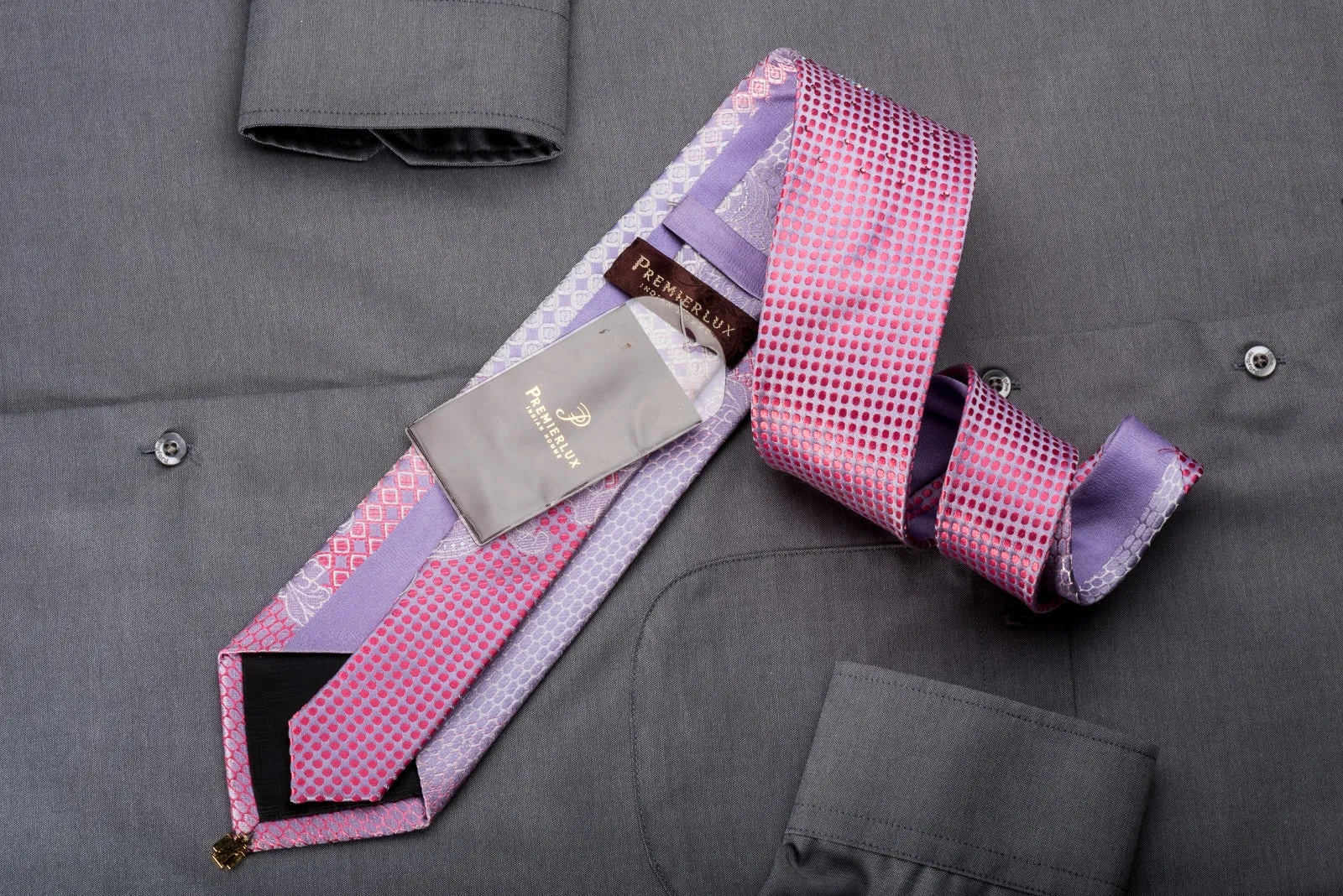 Premierlux Rhinestone Silk Necktie Pink Dots & Anthemion On Mauve With Silver Sparkles