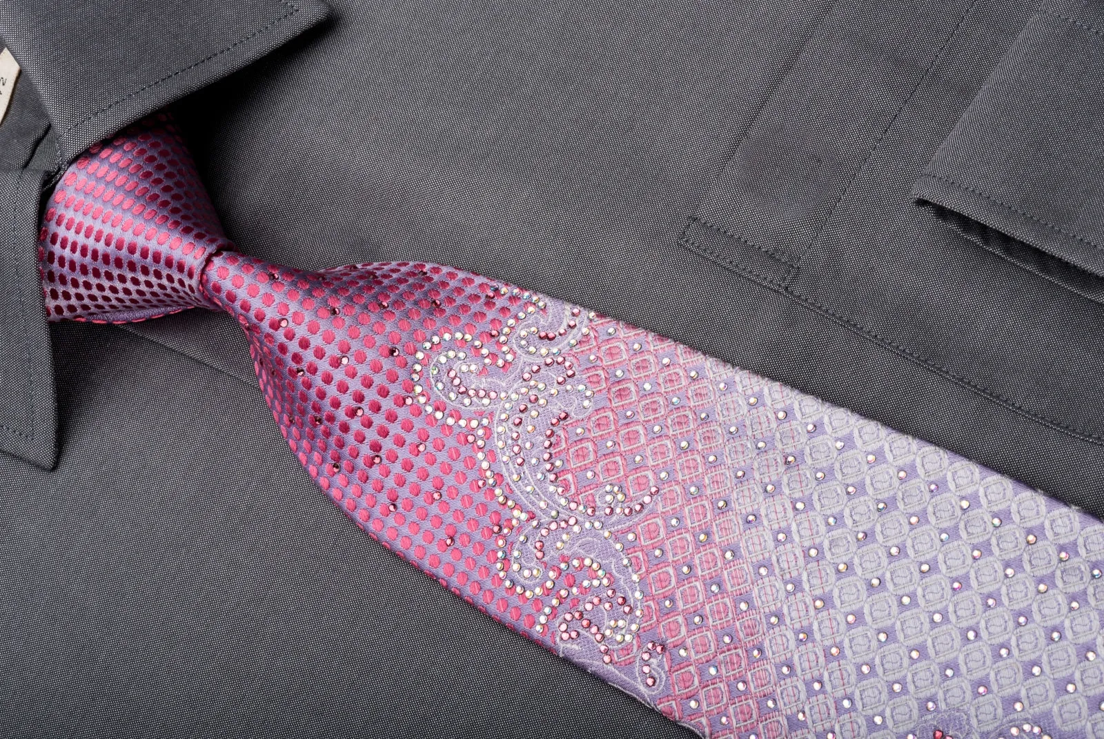 Premierlux Rhinestone Silk Necktie Pink Dots & Anthemion On Mauve With Silver Sparkles