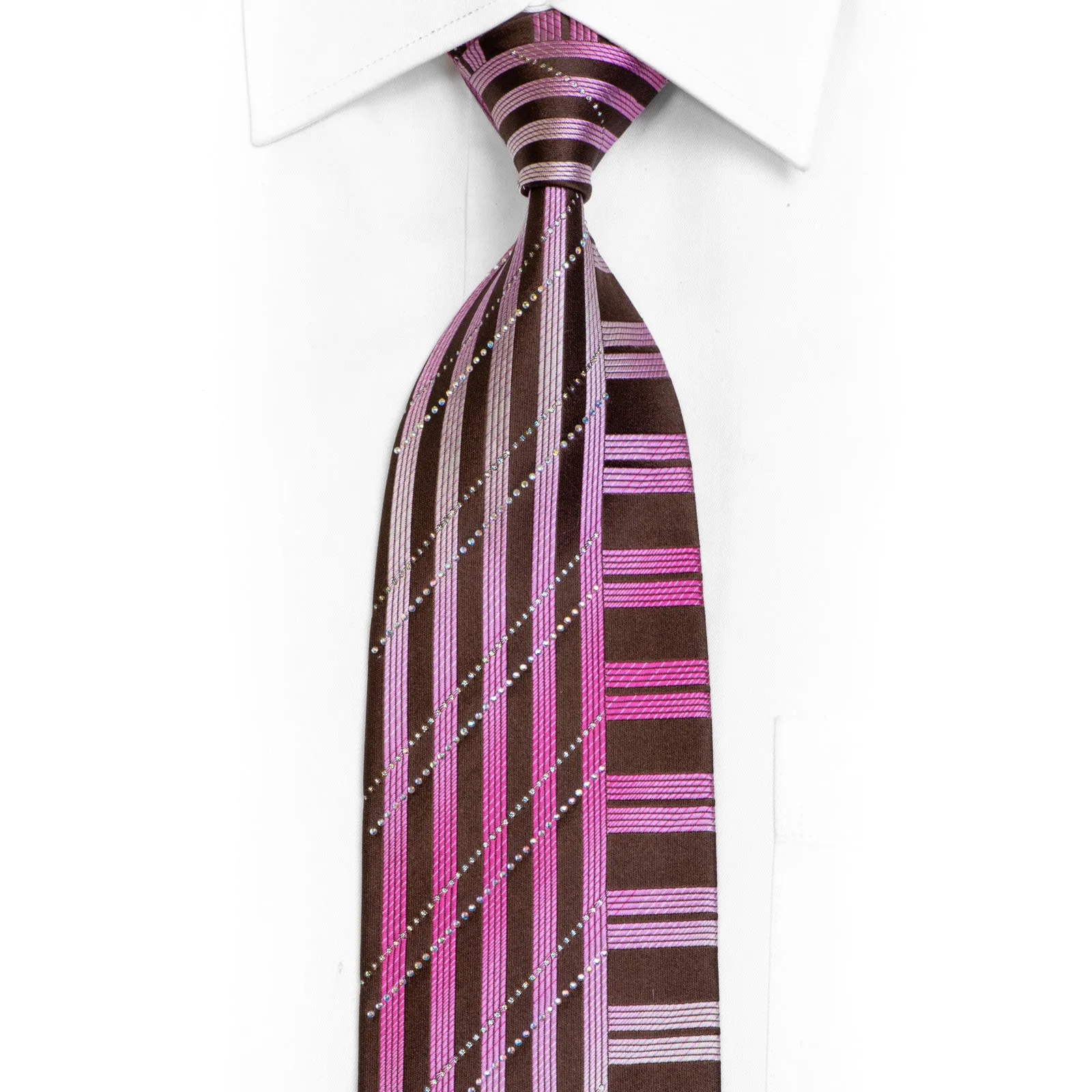 Purple Stripes On Brown Rhinestone Silk Necktie With Silver Sparkles