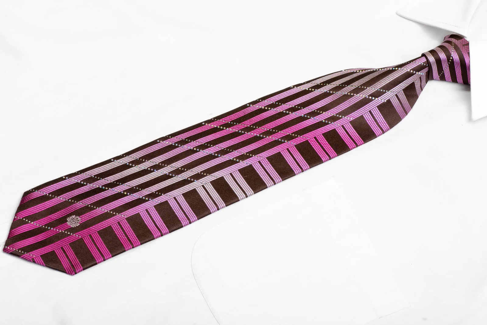 Purple Stripes On Brown Rhinestone Silk Necktie With Silver Sparkles