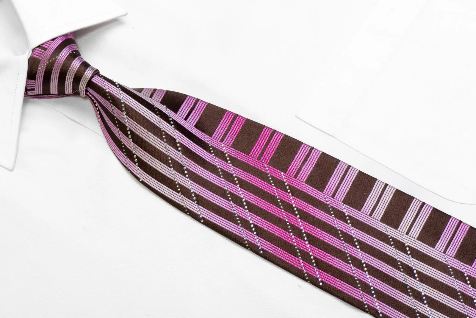 Purple Stripes On Brown Rhinestone Silk Necktie With Silver Sparkles