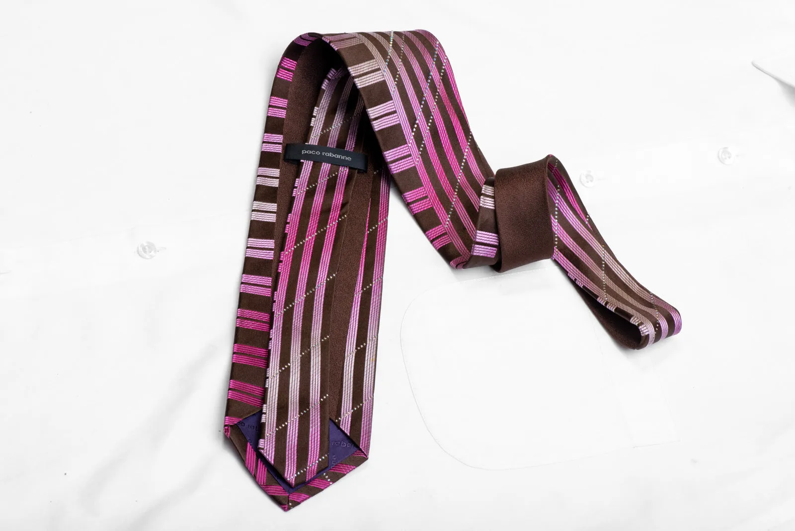 Purple Stripes On Brown Rhinestone Silk Necktie With Silver Sparkles