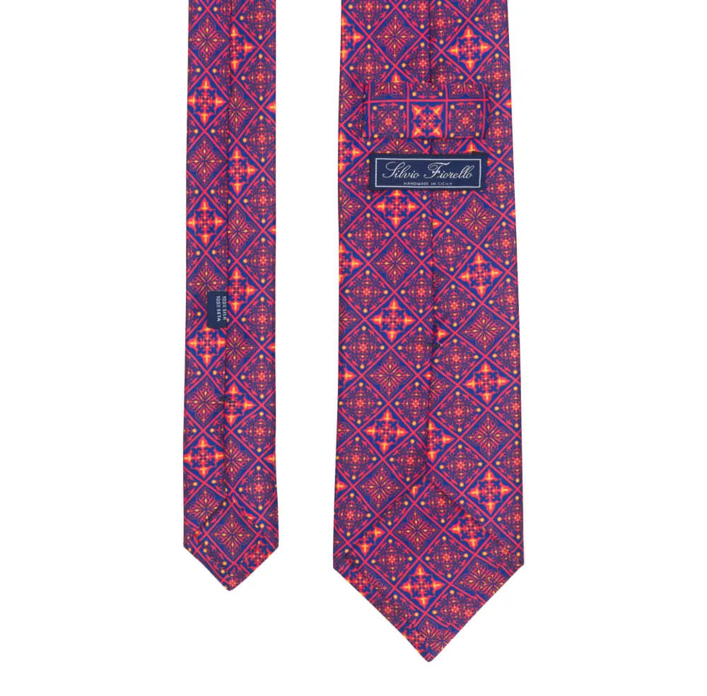 Medieval Red and Blue Mosaic Duchesse Silk Tie