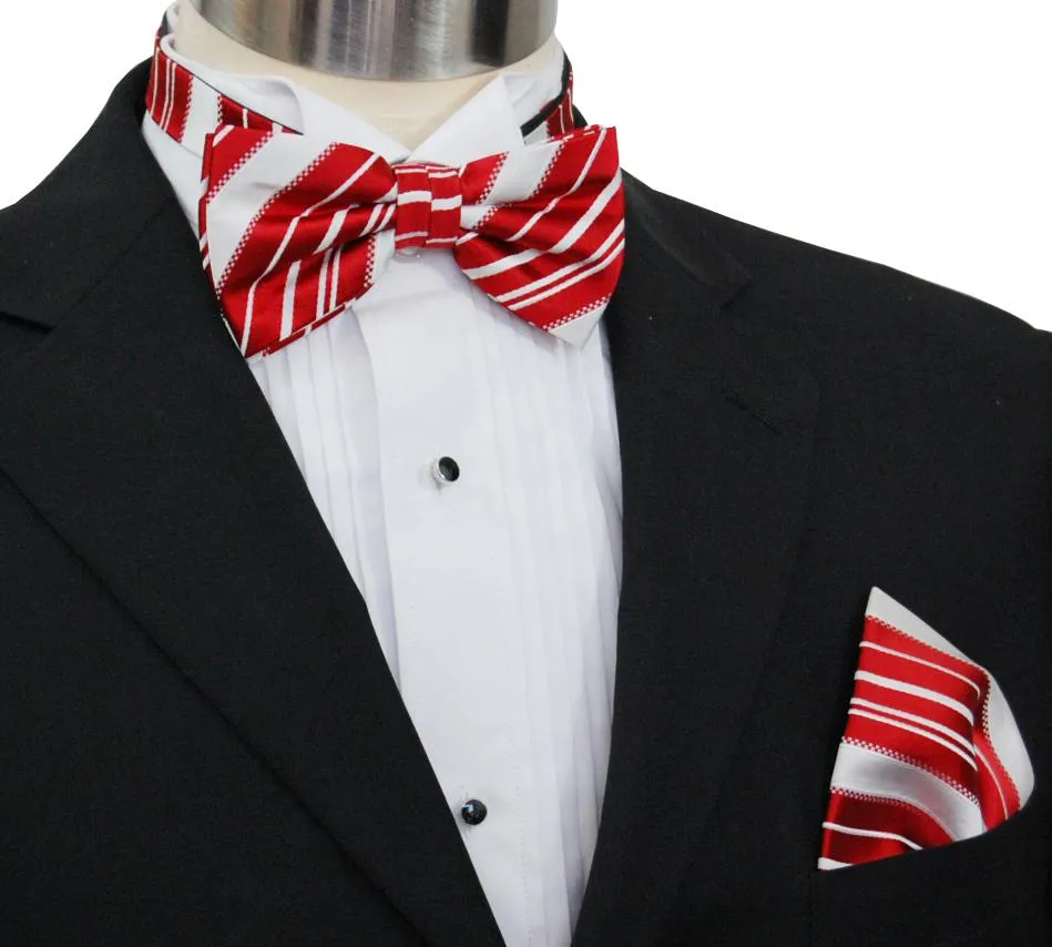 Red and White Striped Silk Bow Tie and Pocket Square