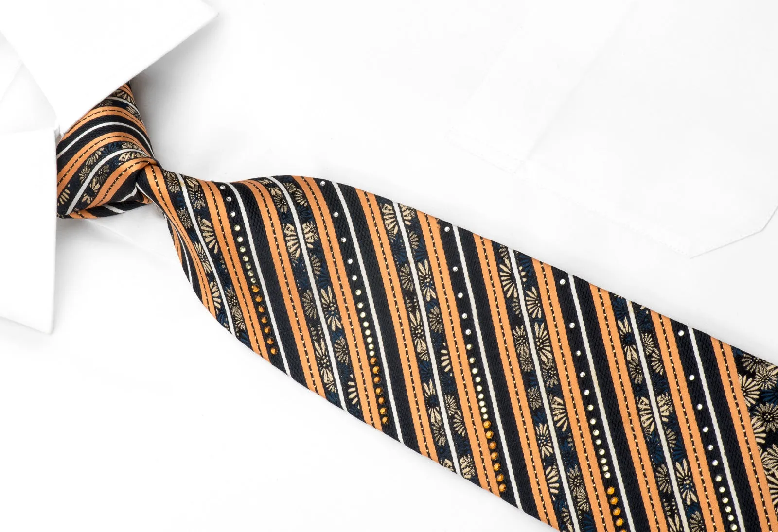 Remizio Men's Silk Necktie Orange Striped Gold Floral On Black With Sparkles