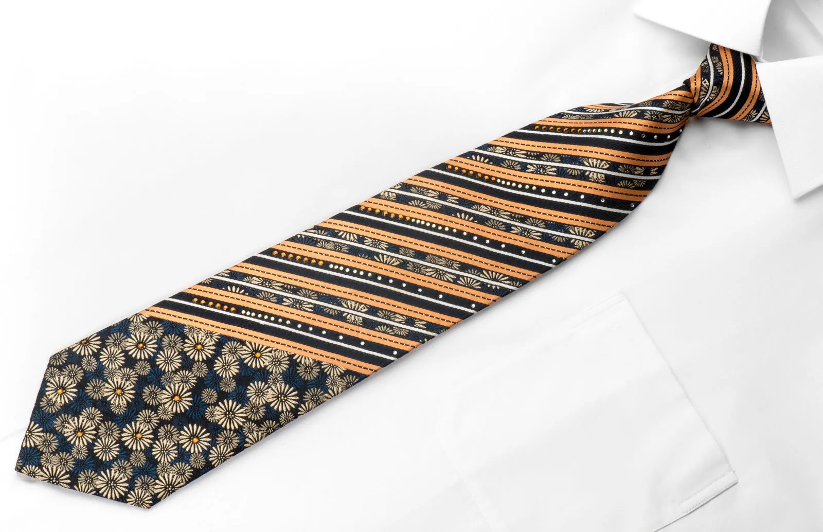 Remizio Men's Silk Necktie Orange Striped Gold Floral On Black With Sparkles
