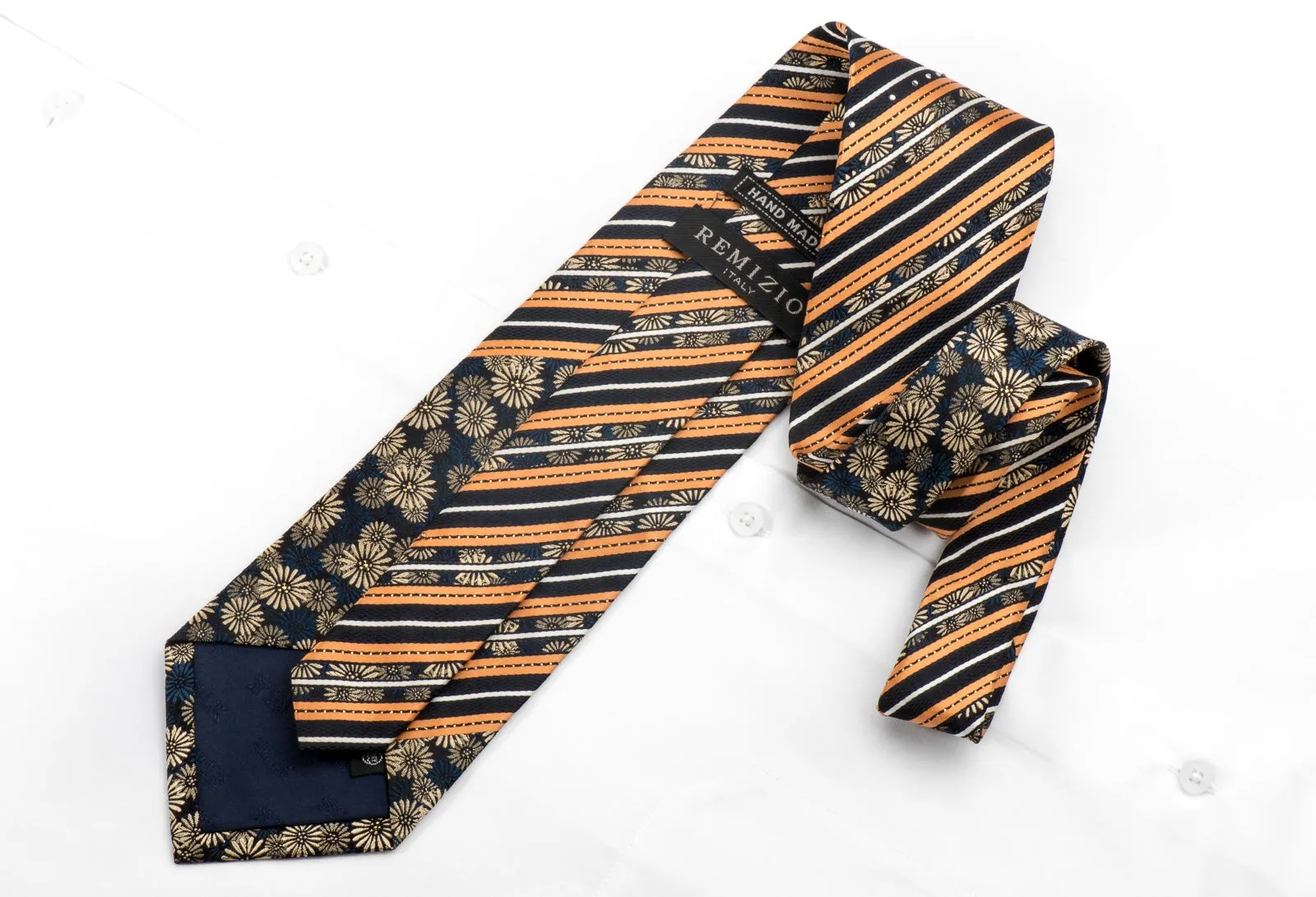 Remizio Men's Silk Necktie Orange Striped Gold Floral On Black With Sparkles