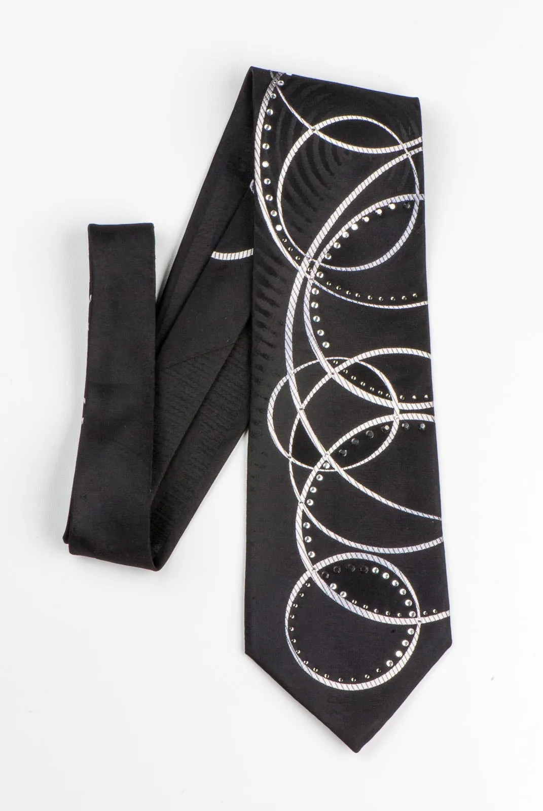 Remizio Rhinestone Neck Tie Silver Circles On Black Silk Classic 3 3/4 Inch
