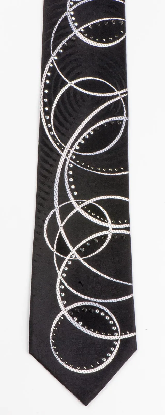 Remizio Rhinestone Neck Tie Silver Circles On Black Silk Classic 3 3/4 Inch