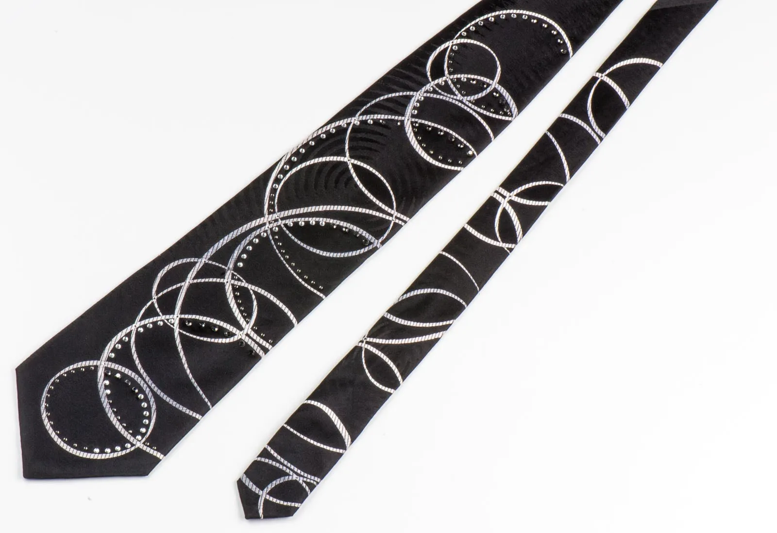 Remizio Rhinestone Neck Tie Silver Circles On Black Silk Classic 3 3/4 Inch