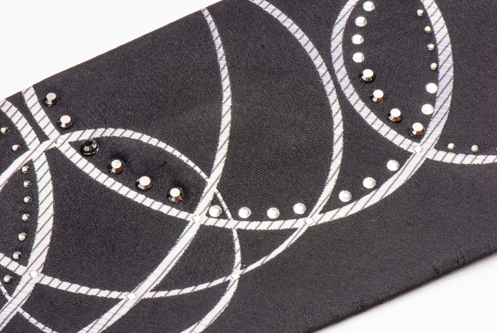 Remizio Rhinestone Neck Tie Silver Circles On Black Silk Classic 3 3/4 Inch