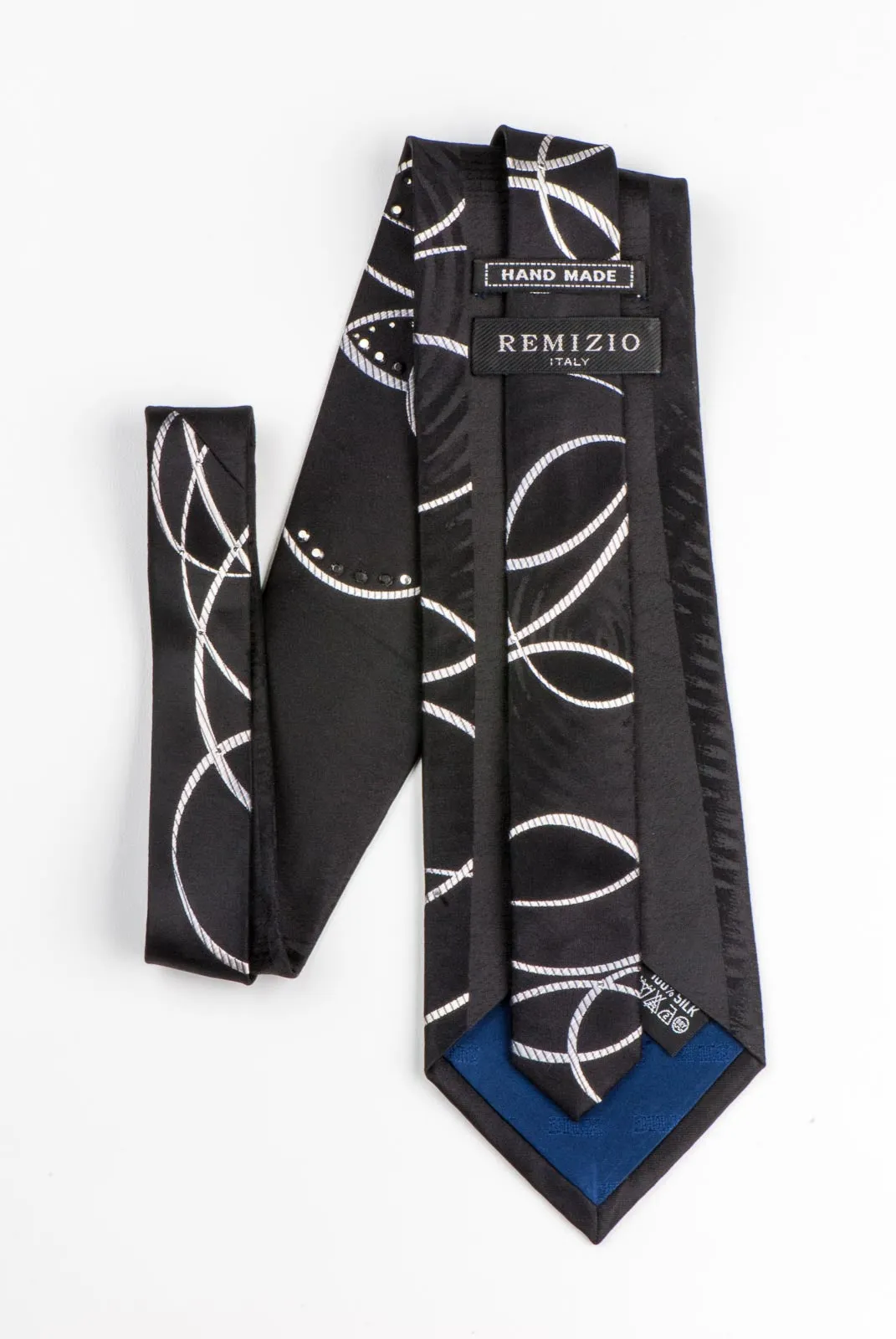 Remizio Rhinestone Neck Tie Silver Circles On Black Silk Classic 3 3/4 Inch
