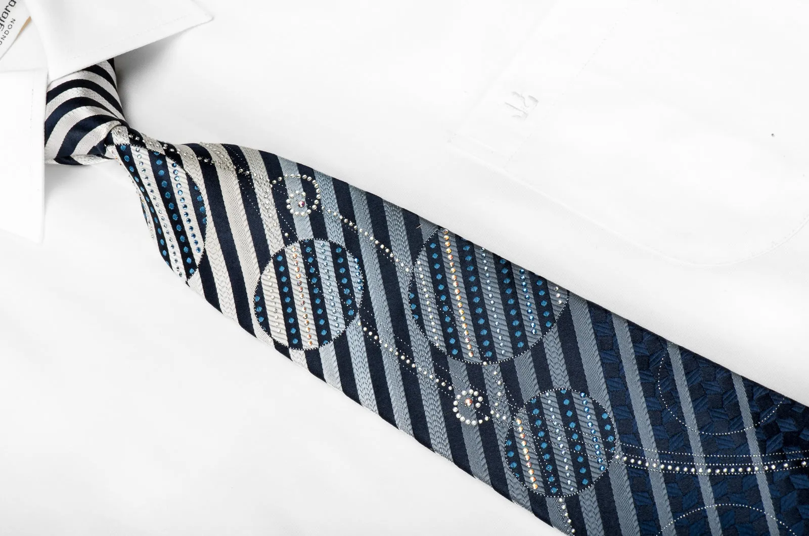 Renoma Men's Crystal Silk Tie Silver Navy Geometric & Striped With Silver Sparkles