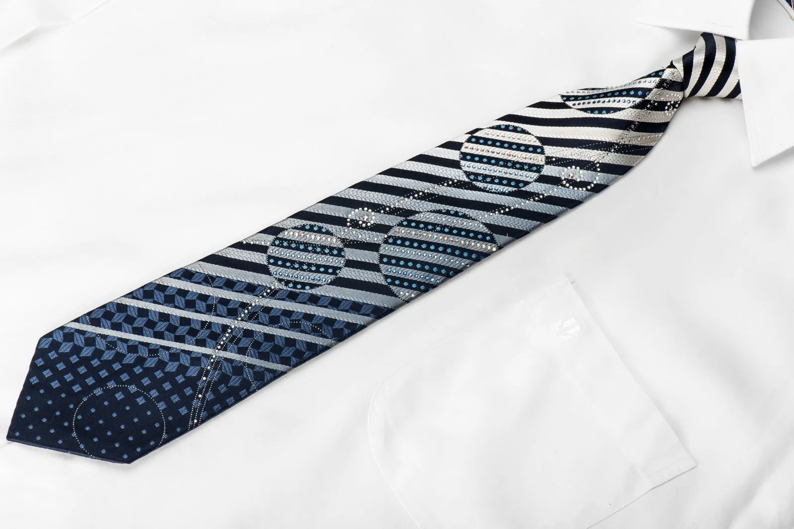 Renoma Men's Crystal Silk Tie Silver Navy Geometric & Striped With Silver Sparkles