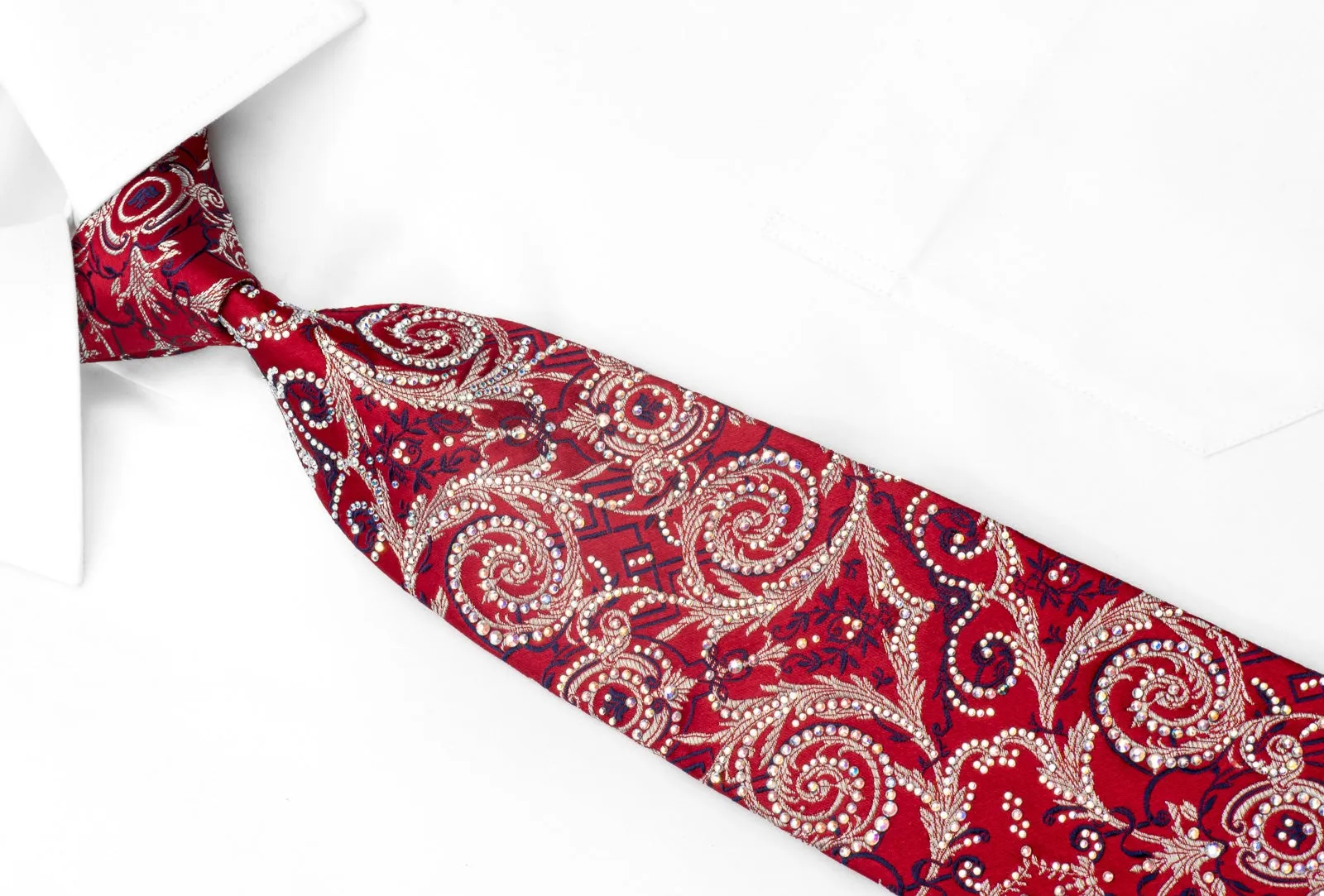 Renoma Mens Rhinestone Silk Necktie Silver Acanthus Scrolls On Red With Silver Sparkles