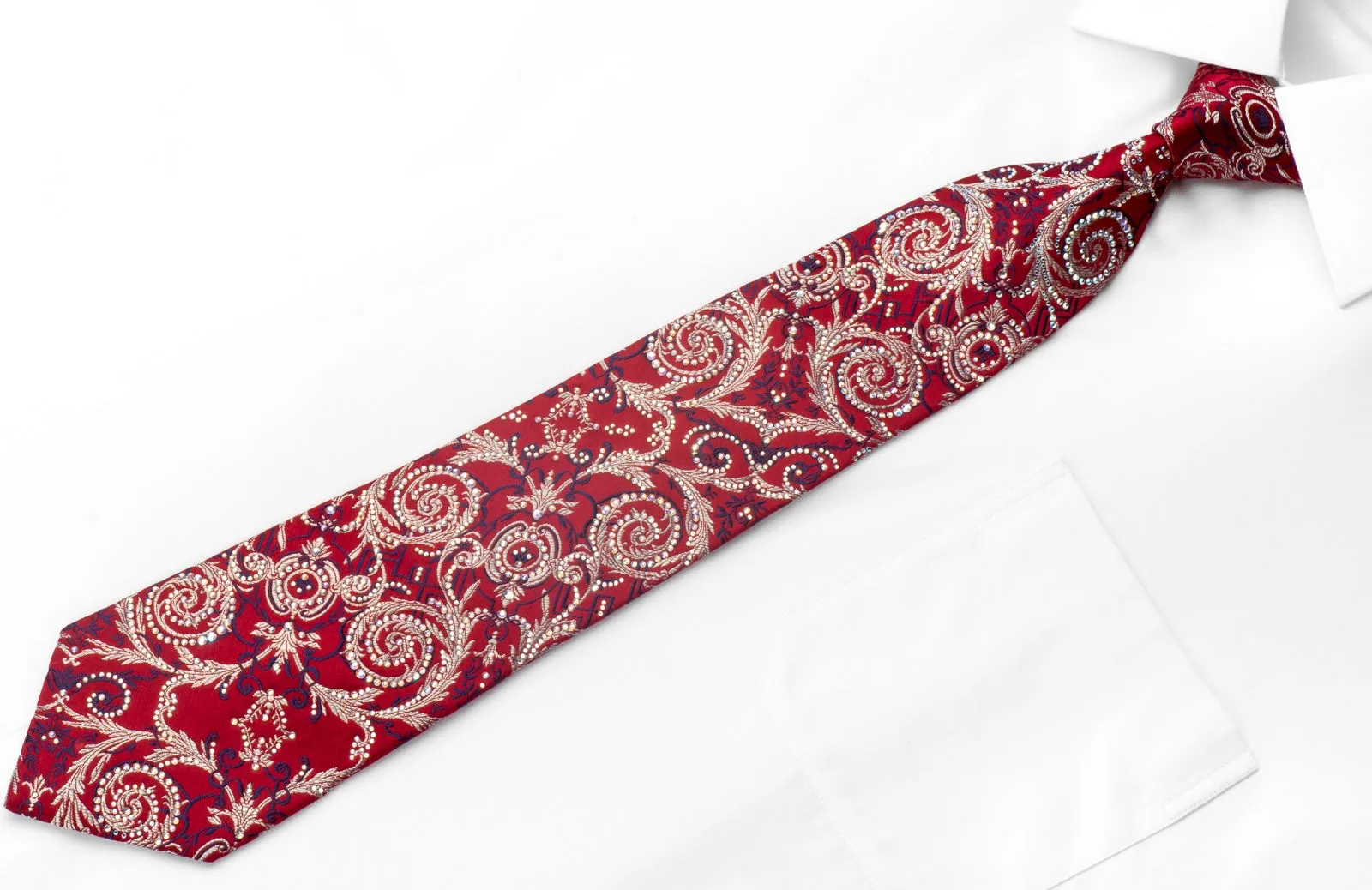 Renoma Mens Rhinestone Silk Necktie Silver Acanthus Scrolls On Red With Silver Sparkles