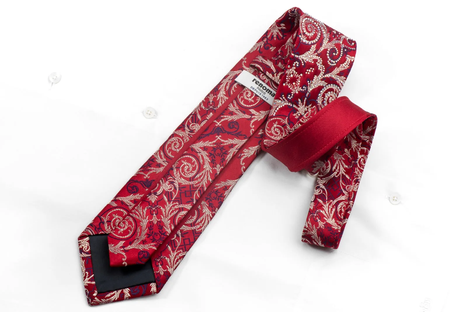 Renoma Mens Rhinestone Silk Necktie Silver Acanthus Scrolls On Red With Silver Sparkles