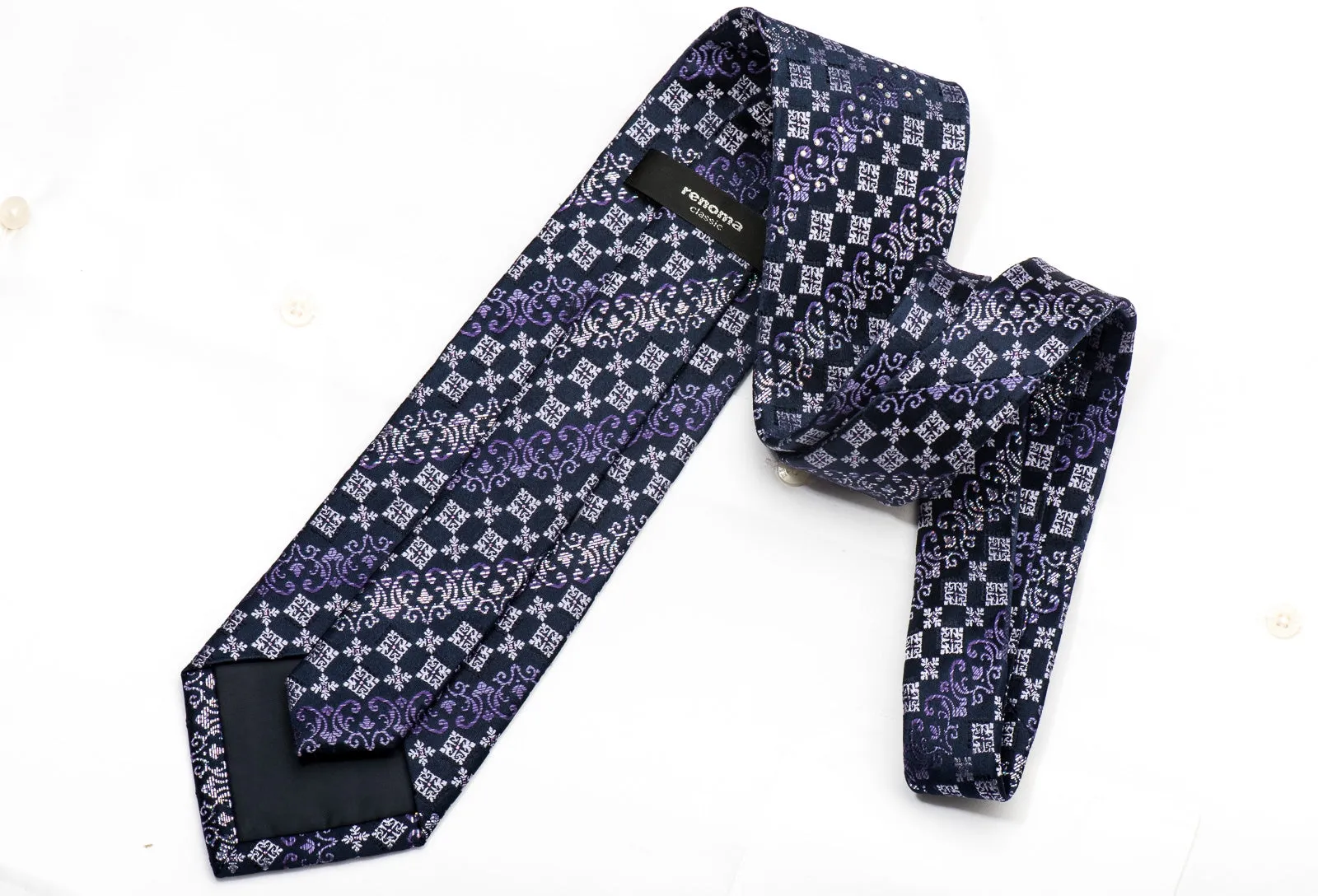 Renoma Men's Silk Necktie Purple Cartouche On Navy Sparkling With Rhinestones