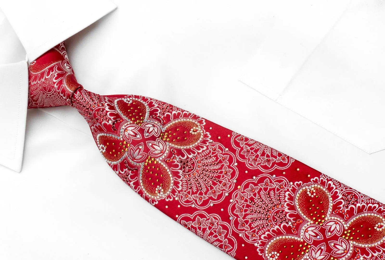 Renoma Mens Silk Rhinestone Necktie Silver Floral On Red With Golden Sparkles