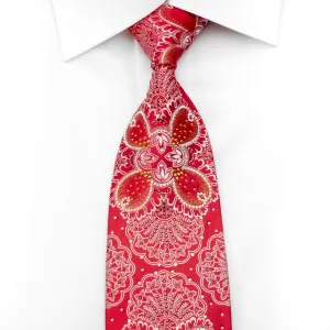 Renoma Mens Silk Rhinestone Necktie Silver Floral On Red With Golden Sparkles