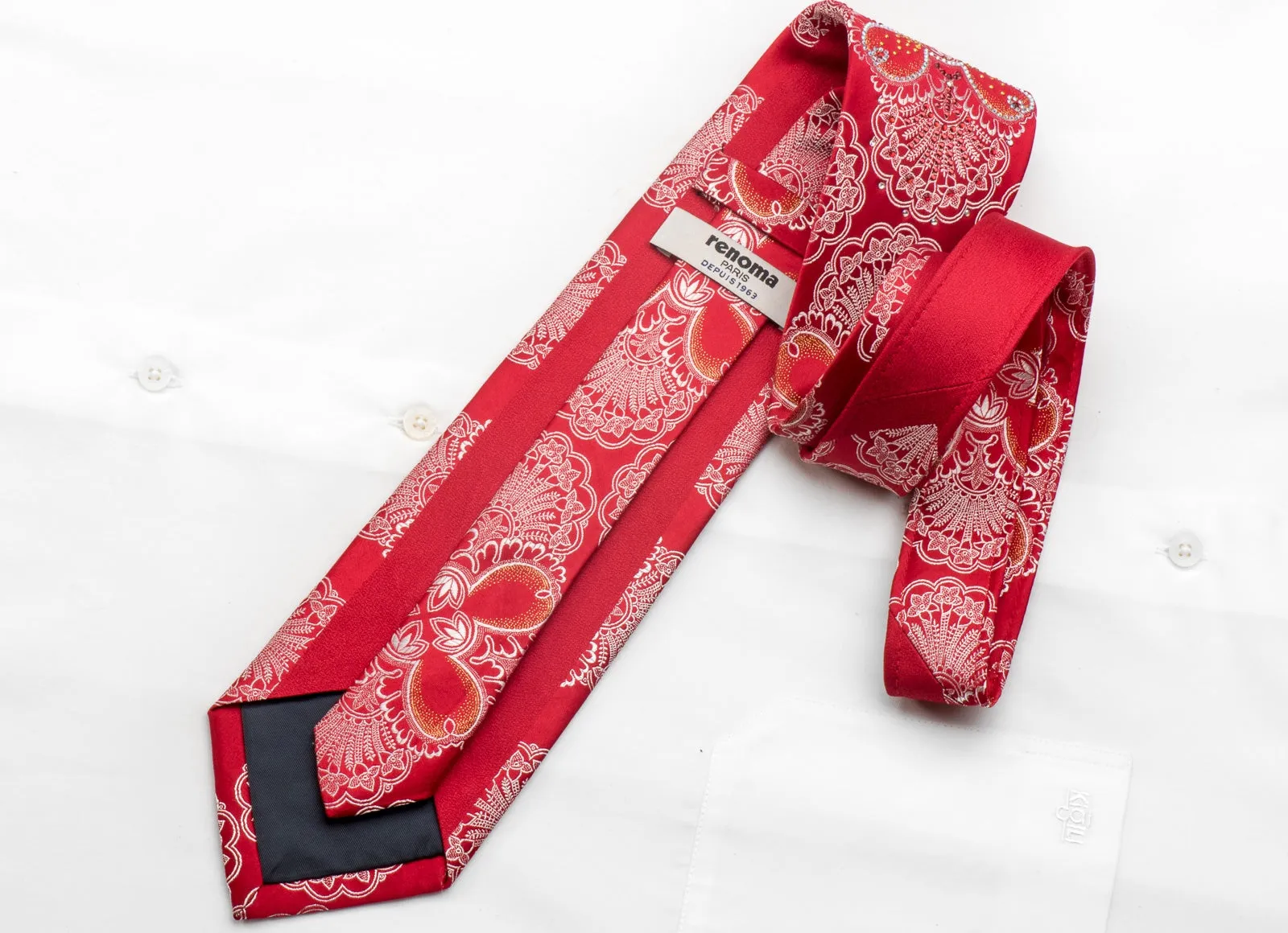 Renoma Mens Silk Rhinestone Necktie Silver Floral On Red With Golden Sparkles