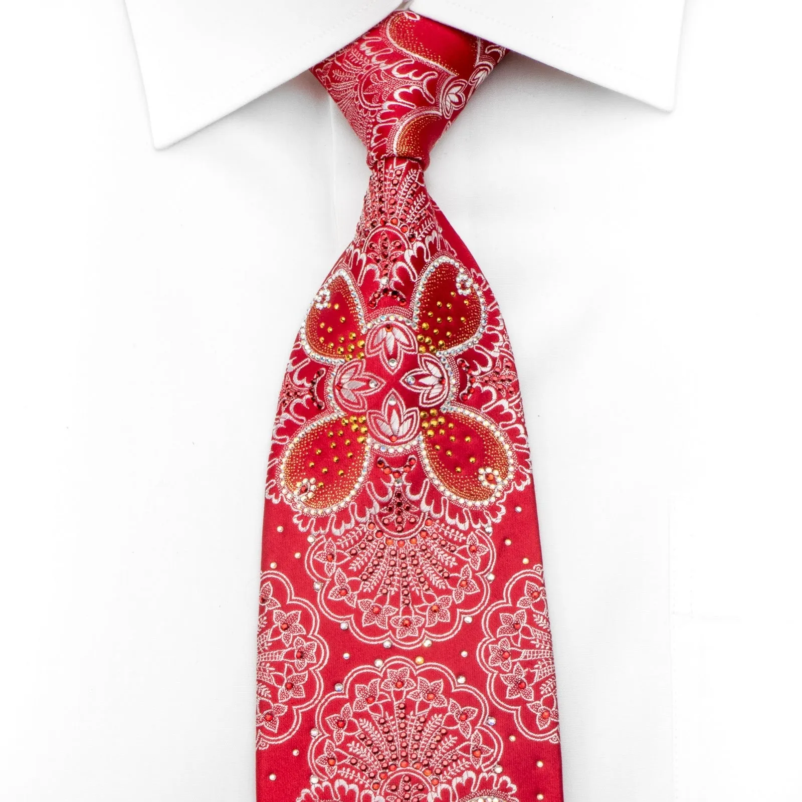 Renoma Mens Silk Rhinestone Necktie Silver Floral On Red With Golden Sparkles