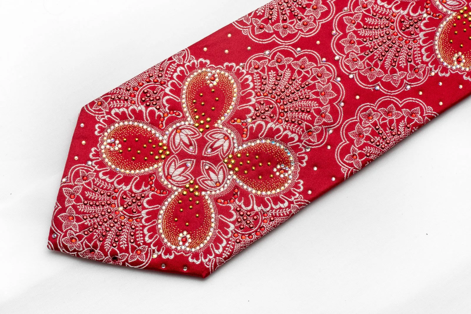 Renoma Mens Silk Rhinestone Necktie Silver Floral On Red With Golden Sparkles