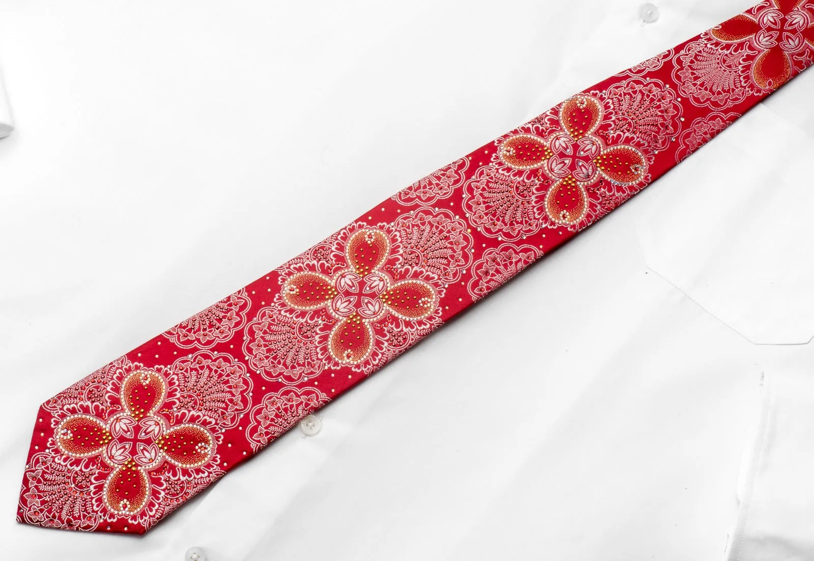 Renoma Mens Silk Rhinestone Necktie Silver Floral On Red With Golden Sparkles