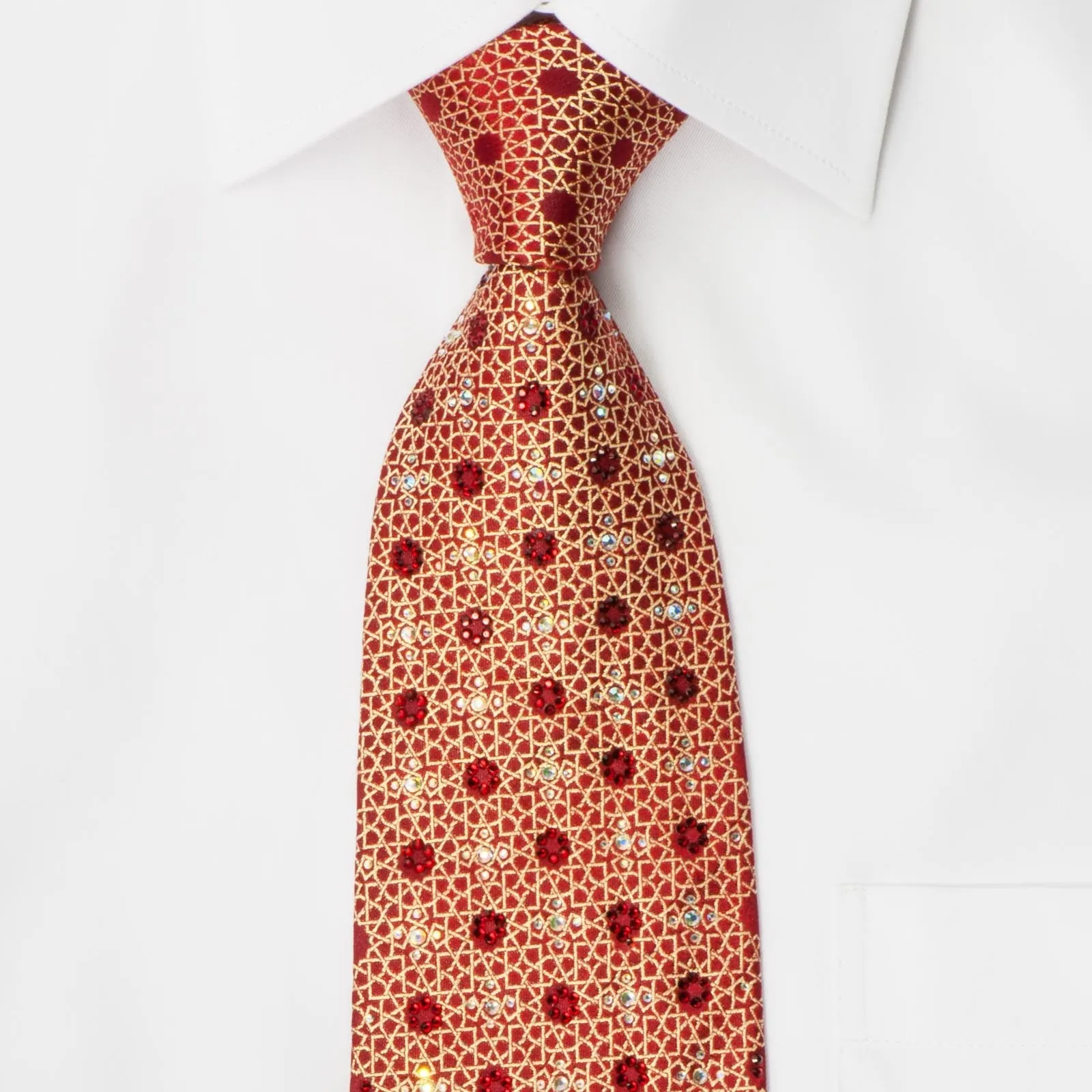Renoma Men's Woven Silk Tie Golden Trellis On Red With Rhinestones
